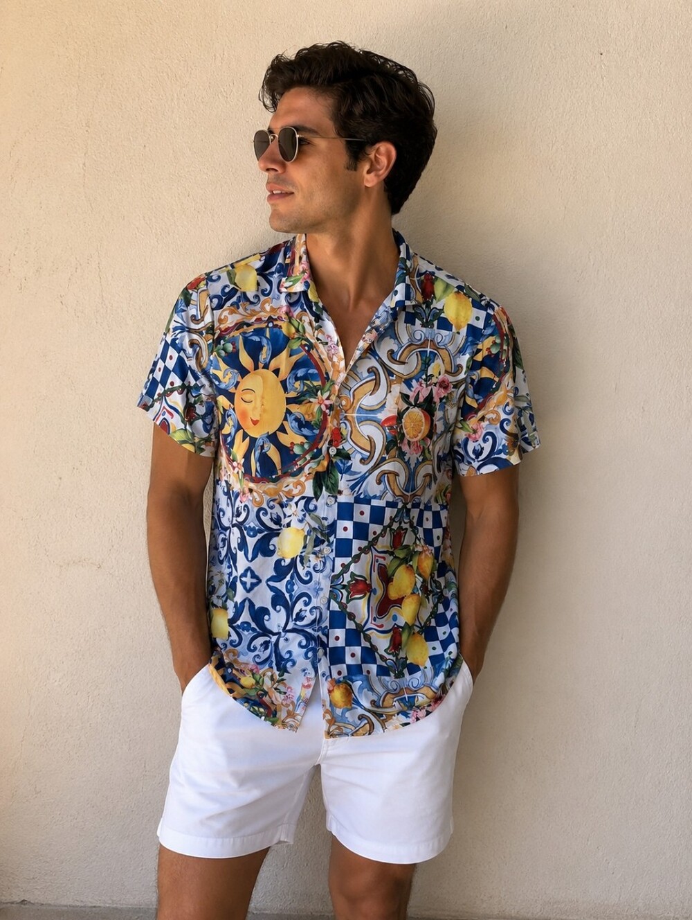 Men's Blue Patterned Short-Sleeve Button-Up Shirt with Lemon Print Size L